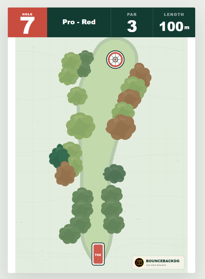 Example tee sign for Hole 7, Pro - Red: par 3, 100 metres, with a wooded fairway.
